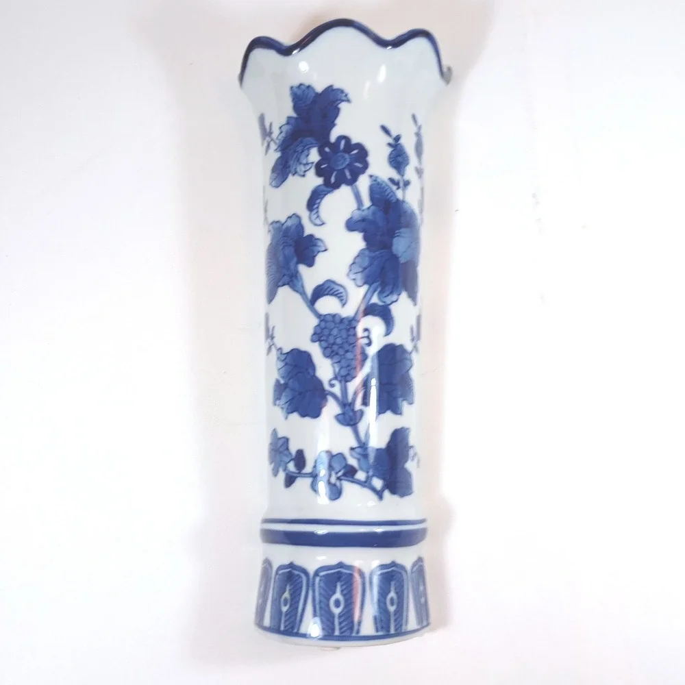 Wall Pocket Vase Home Decor 12in Blue White Chinoiserie Floral Excellent